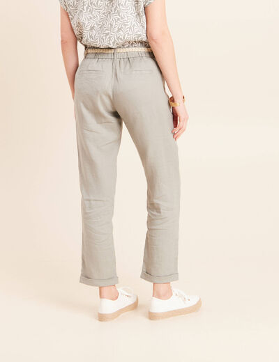 Pantalon coupe chino en lin ceintur&eacute; vert clair femme
