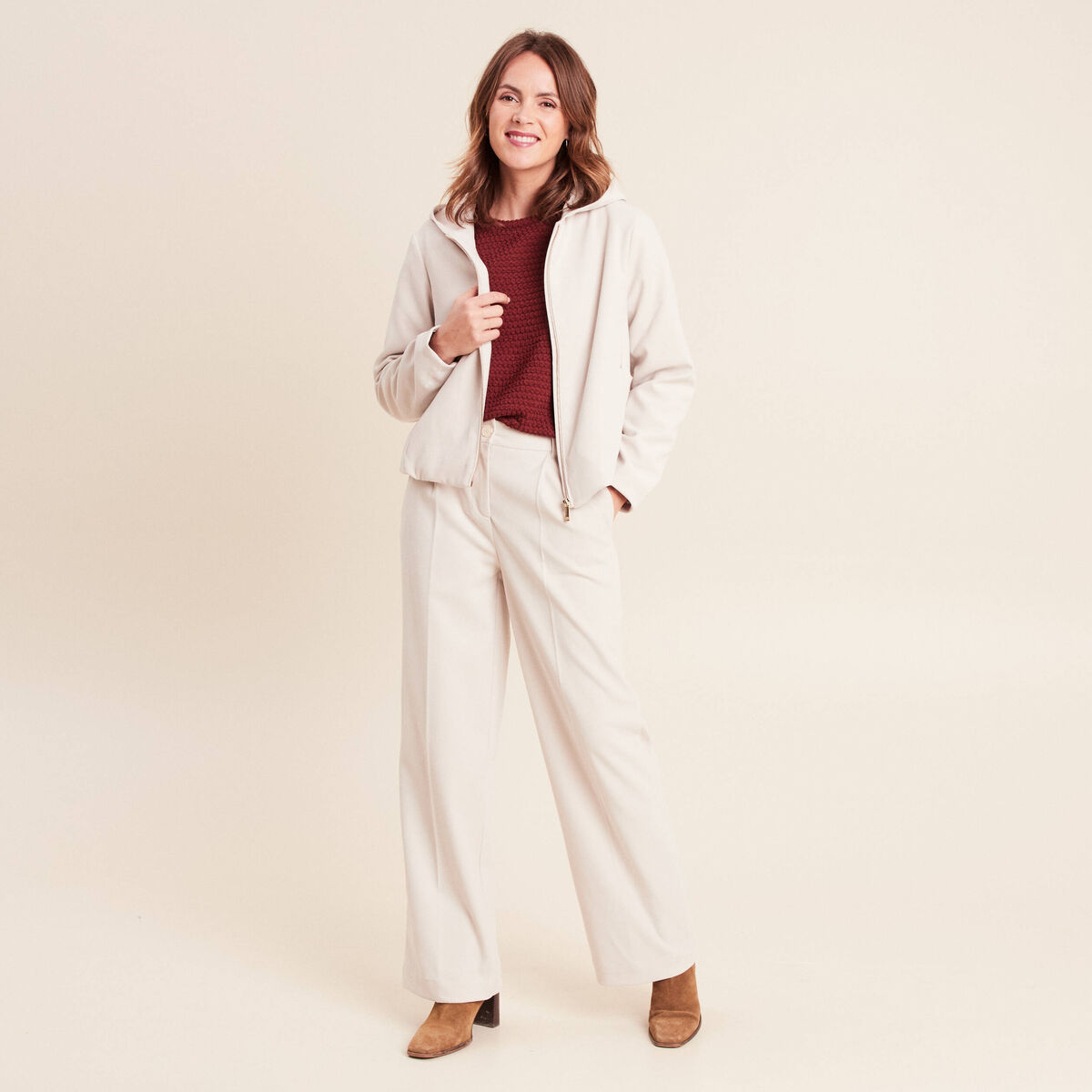 Pantalon taille haute en velours sable femme