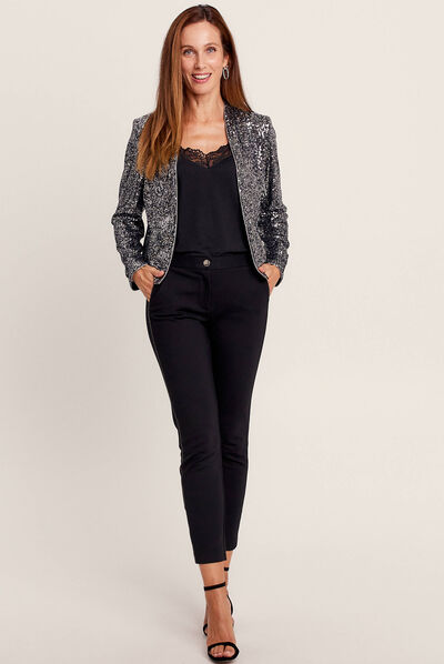 Veste col châle avec sequins gris argent femme