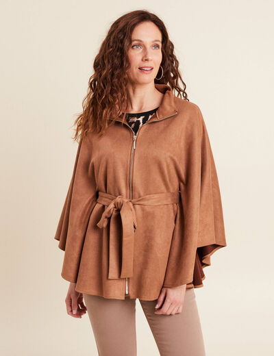 Poncho ceintur&eacute; fermeture zipp&eacute;e marron clair femme