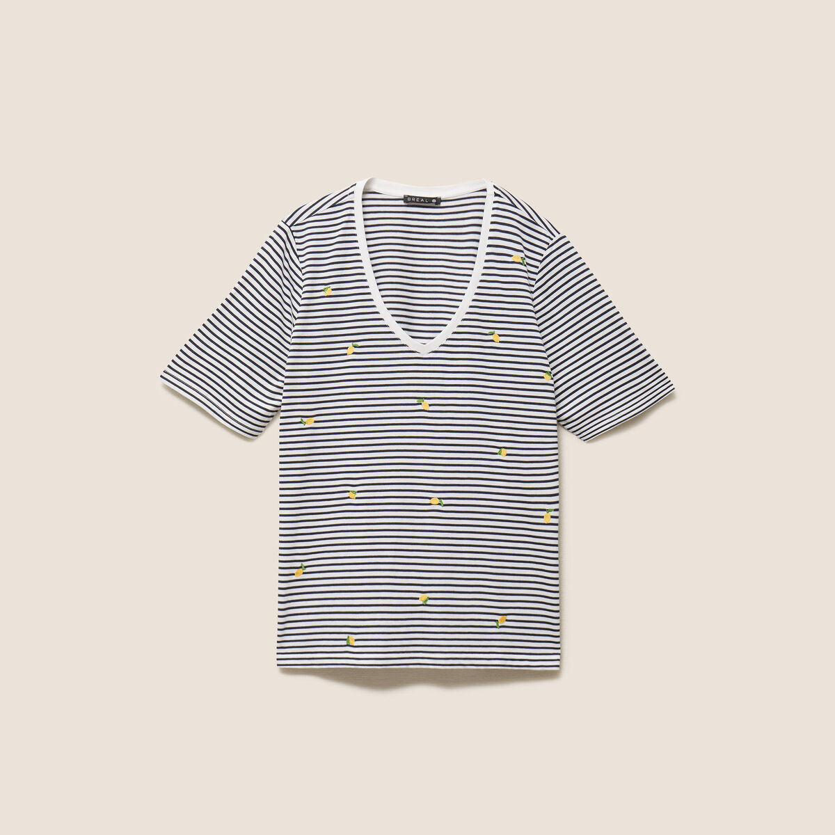 T-shirt droit broderie manches courtes bleu femme