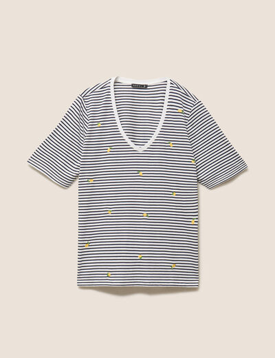 T-shirt droit broderie manches courtes bleu femme