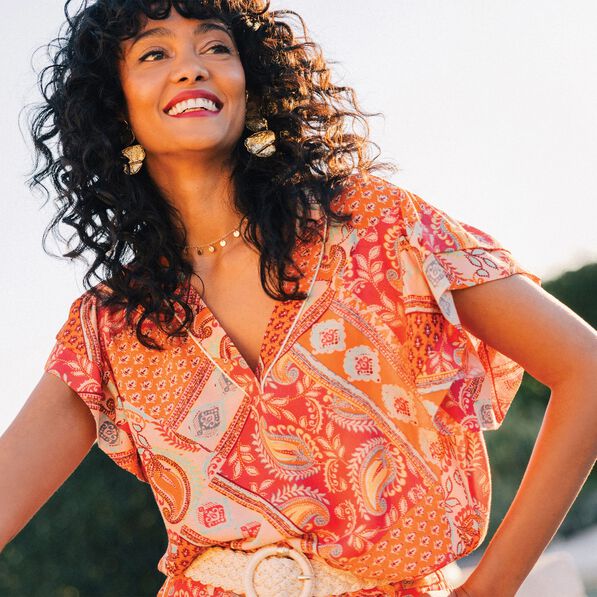 Blouse manches courtes orange femme
