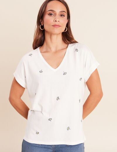T-shirt col v broderie manches courtes ecru femme
