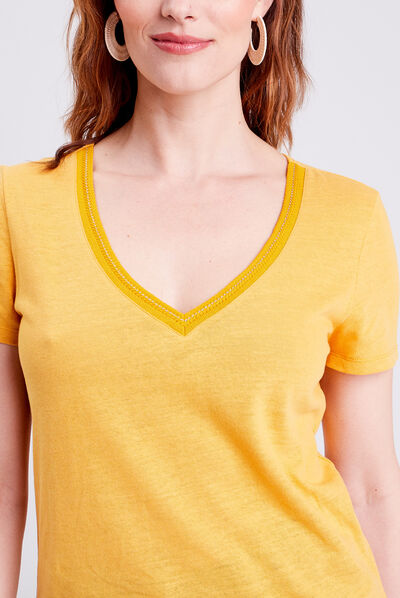 T-shirt manches courtes col en V jaune moutarde femme