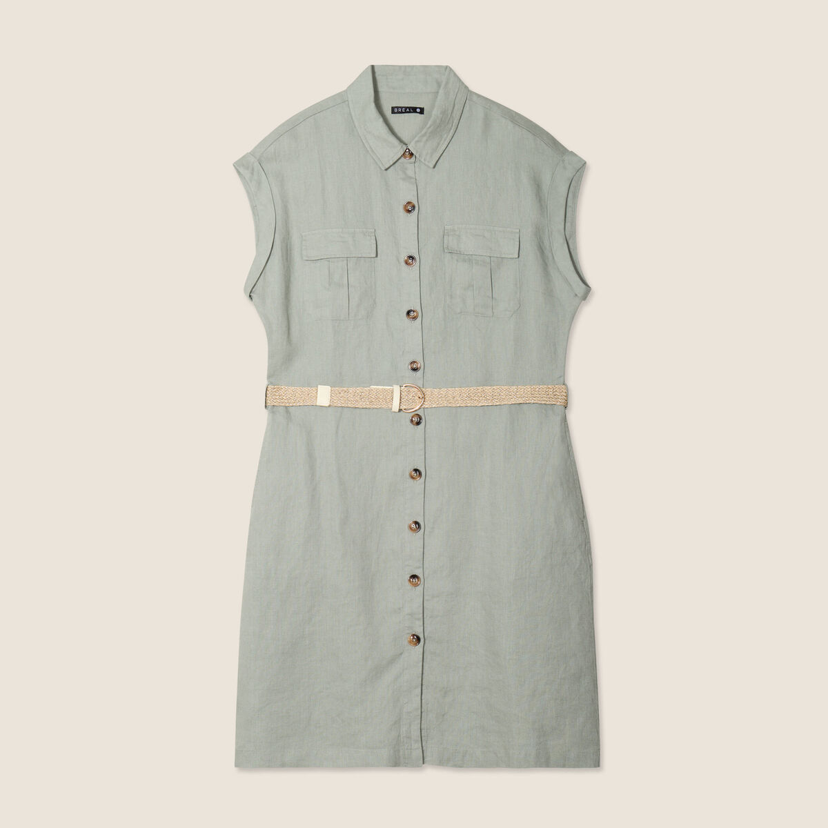 Robe chemise droite ceinturée vert clair femme