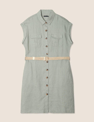 Robe chemise droite ceinturée vert clair femme