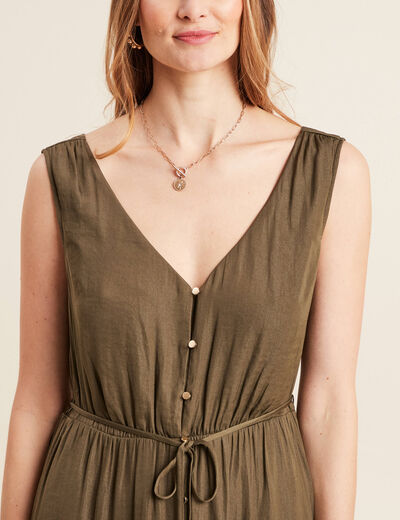 Robe midi évasée satin vert kaki femme
