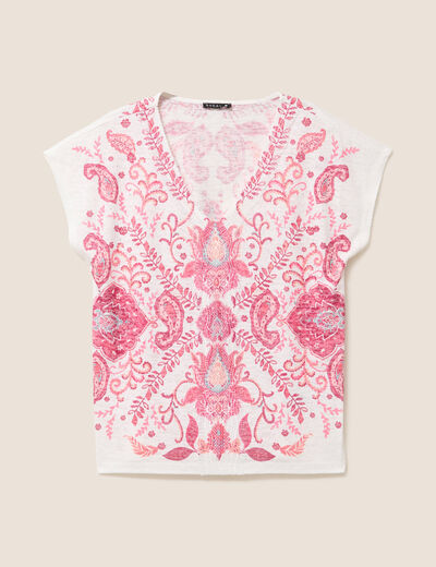 T-shirt macram&eacute; manches courtes ecru femme