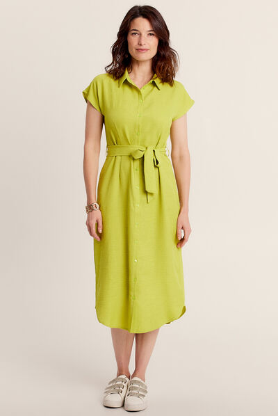 Robe chemise droite ceinturée vert anis femme
