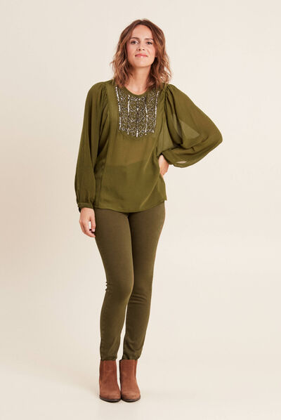 Jean magique ajusté taille standard vert kaki femme