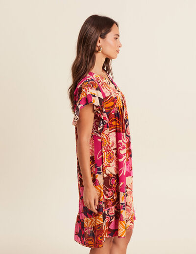 Robe courte évasée col tunisien rose femme