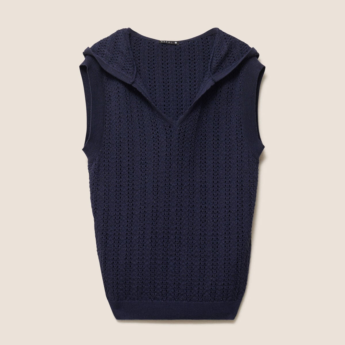 Pull droit sans manches &agrave; capuche bleu marine femme