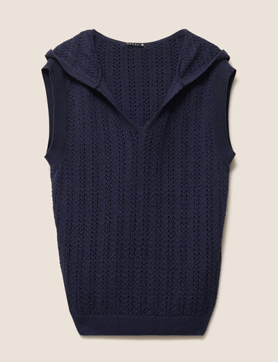 Pull droit sans manches &agrave; capuche bleu marine femme