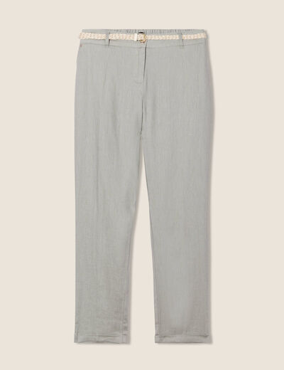 Pantalon coupe chino en lin ceintur&eacute; vert clair femme