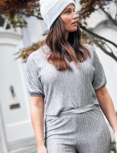Blouse manches 3/4 plissée gris argent femme