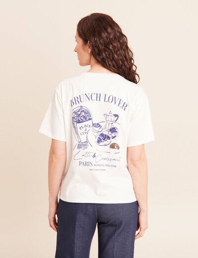 T-shirt avec print et broderie sequins ecru femme
