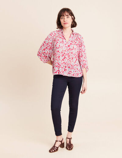 Blouse ample col chemise manches 3/4 rose femme