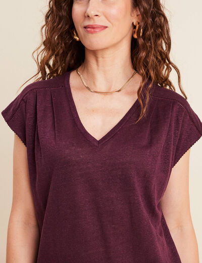 Top col v manches courtes en lin prune femme