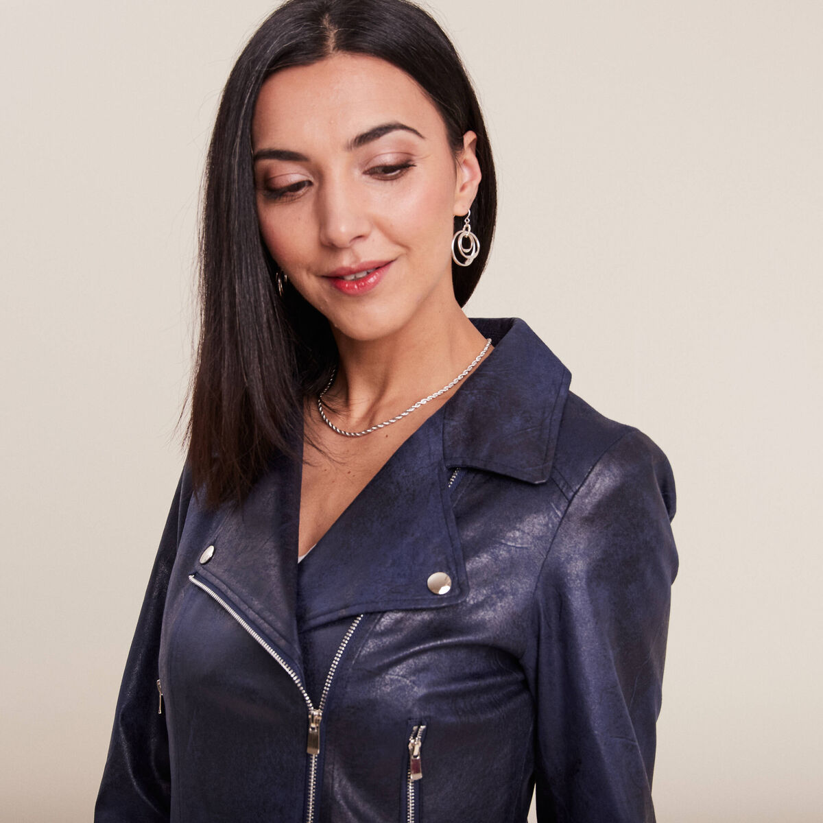 Veste esprit motard zippée bleu foncé femme
