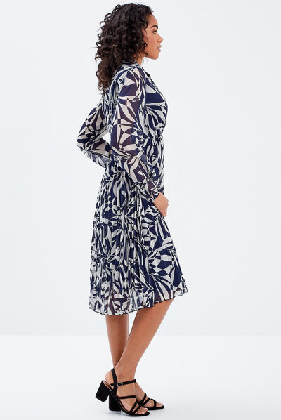 Robe droite bas plissé bleu foncé femme
