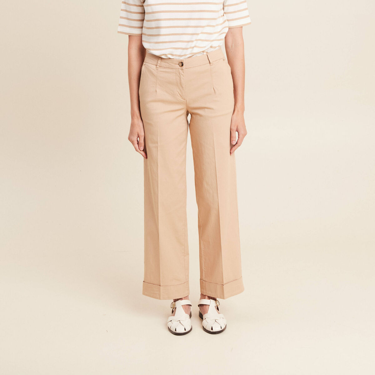 Pantalon large taille basculée beige femme