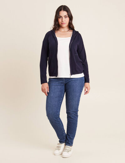Gilet manches longues à capuche bleu marine femme
