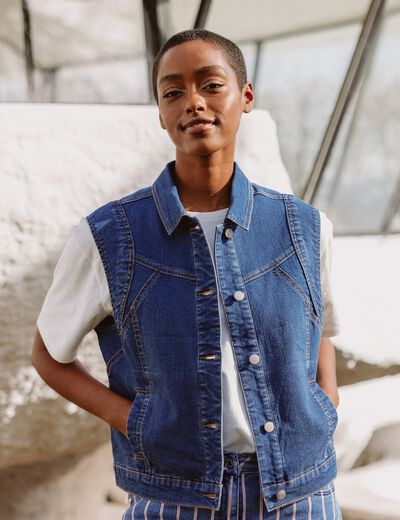 Veste droite sans manches en jean denim stone femme