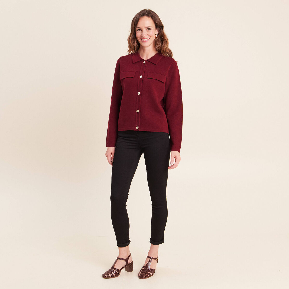 Veste col chemise manches longues bordeaux femme