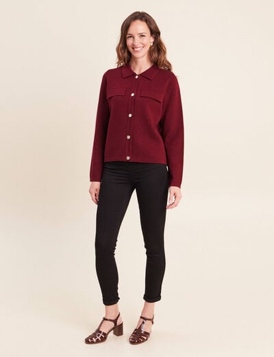 Veste col chemise manches longues bordeaux femme