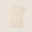 T-shirt col v manches courtes aspect lin beige femme