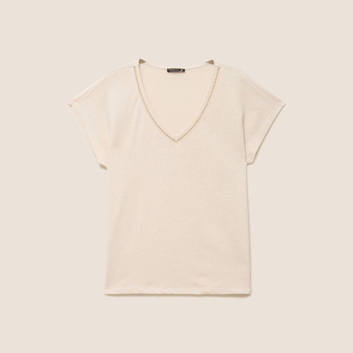 T-shirt col v manches courtes aspect lin beige femme