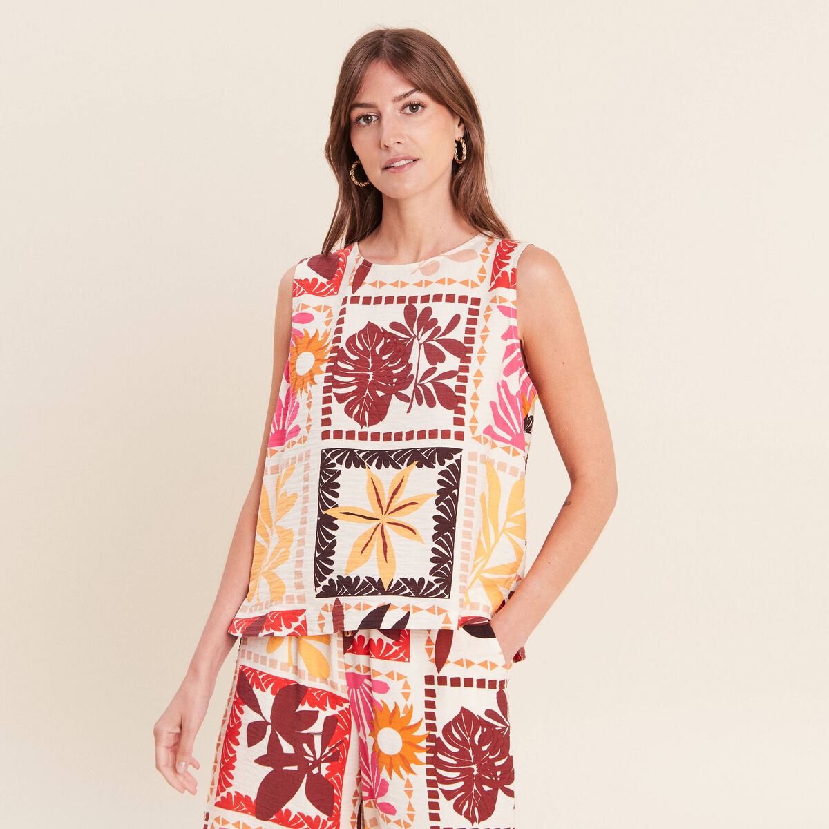 Blouse droite courte sans manches multicolore femme