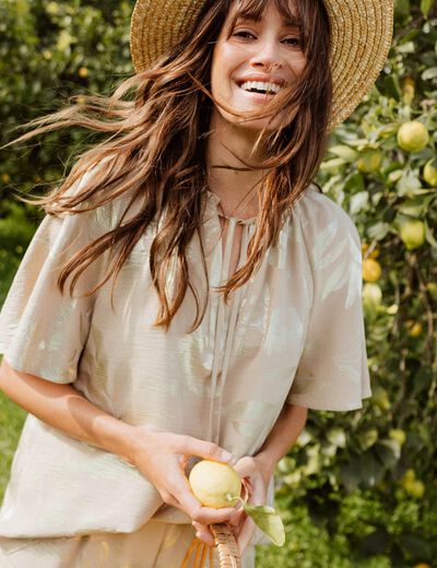 Blouse ample manches courtes beige fonce femme