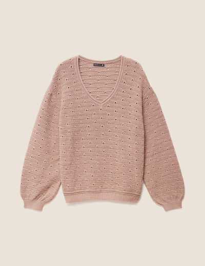 Pull droit long col v manches longues sable femme