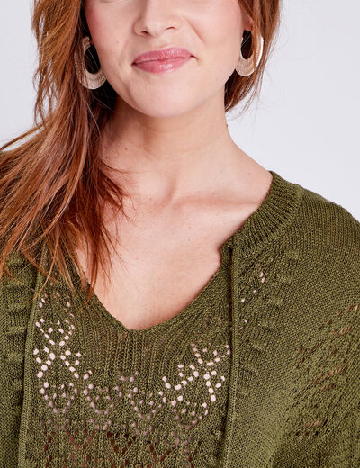 Pull à manches 3/4 vert olive femme