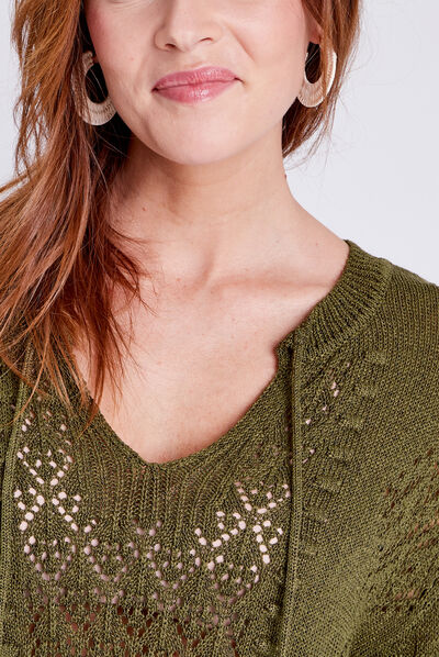 Pull à manches 3/4 vert olive femme