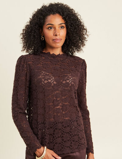 T-shirt cintr&eacute; col montant dentelle marron fonc&eacute; femme