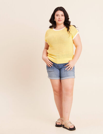 Pull ajour&eacute; sans manches col rond jaune pastel femme