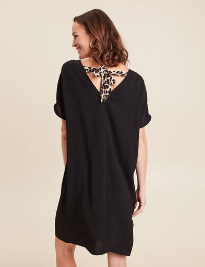 Robe droite courte col v manches coudes noir femme