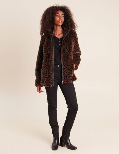 Manteau en fausse fourrure &agrave; capuche marron femme