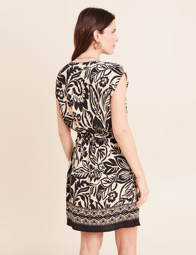 Robe droite courte col V manches courtes noir femme