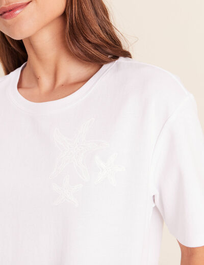 T-shirt col rond manches courtes sequins blanc femme