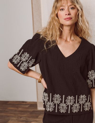 Blouse droite courte manches coudes noir femme