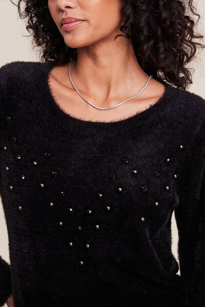 Pull manches longues strass noir femme