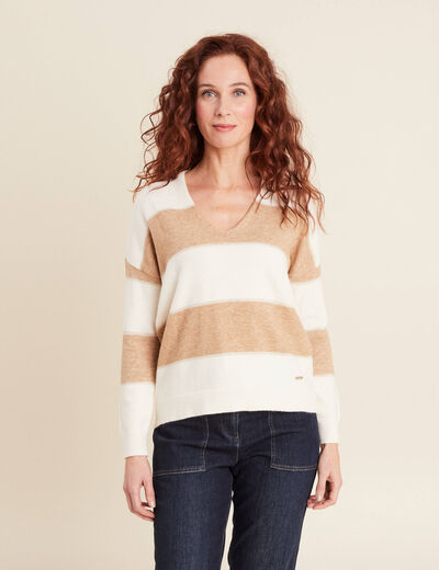 Pull manches longues col en V sable femme