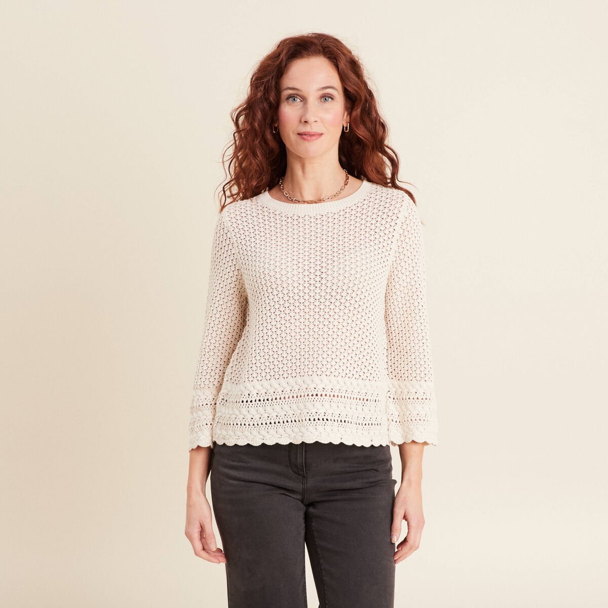 Pull manches 3/4 ajouré ecru femme