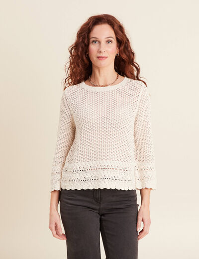Pull manches 3/4 ajouré ecru femme