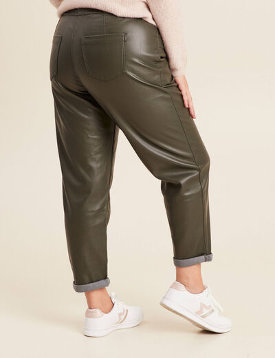 Pantalon paperbag simili cuir vert kaki femme