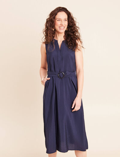 Robe &eacute;vas&eacute;e 3/4 sans manches ceinture bleu marine femme